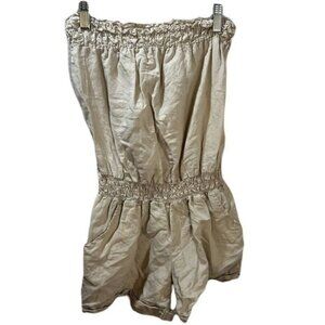 Beige Strapless Romper With Smocked Waist & Pockets Size S Lightweight Cotton Bl